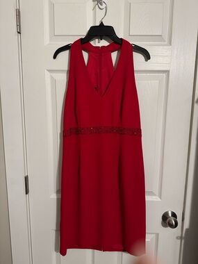 Donna Morgan Red V-Neck Midi Dress with Beaded Waistband